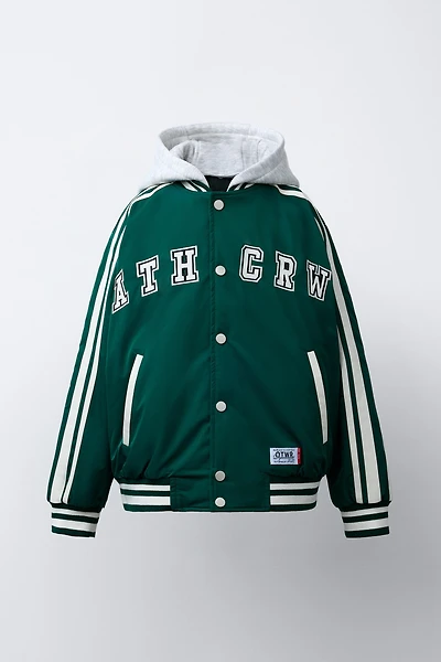REMOVABLE HOOD VARSITY PUFFER BOMBER JACKET