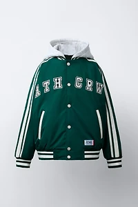 REMOVABLE HOOD VARSITY PUFFER BOMBER JACKET