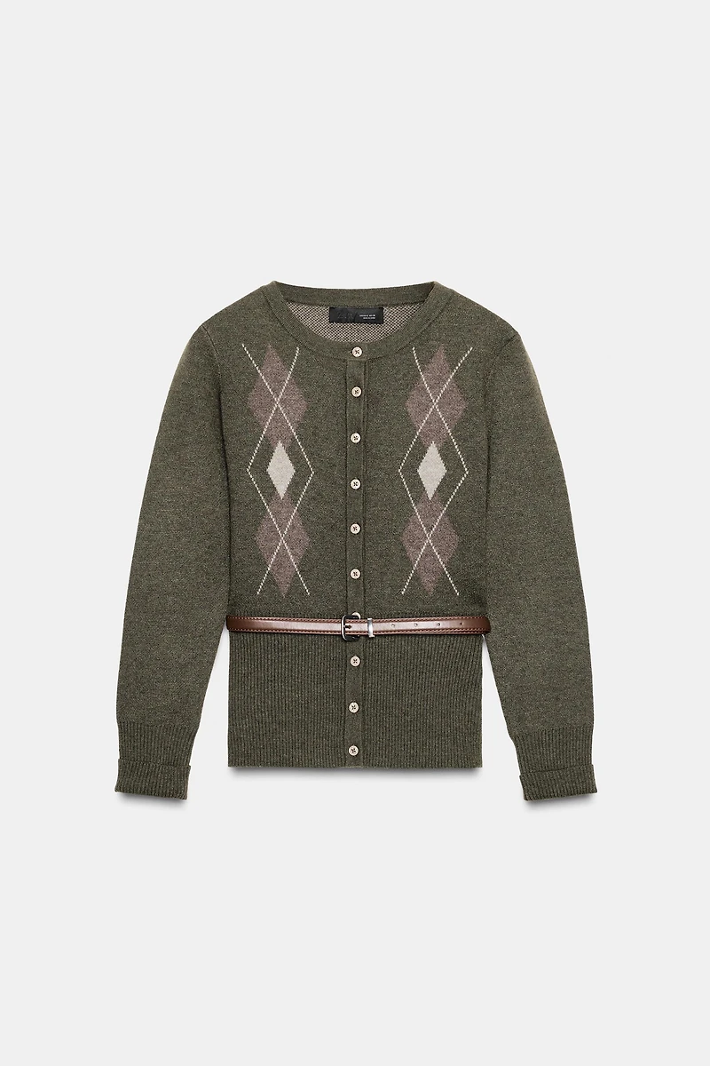 ARGYLE KNIT CARDIGAN WITH BELT
