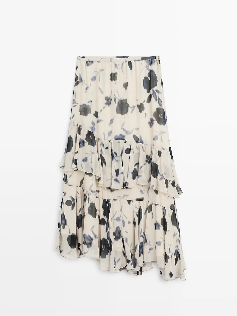 Ruffled floral print midi skirt