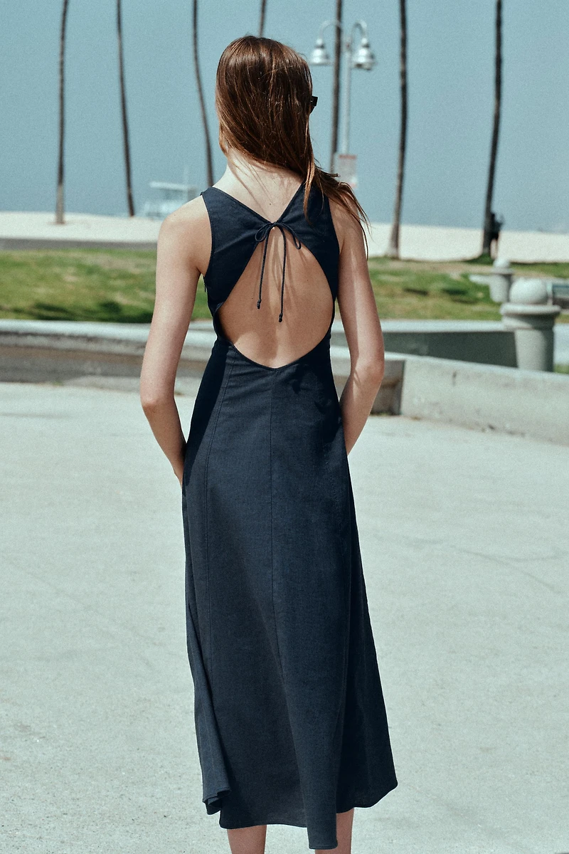 LINEN OPEN BACK MIDI DRESS
