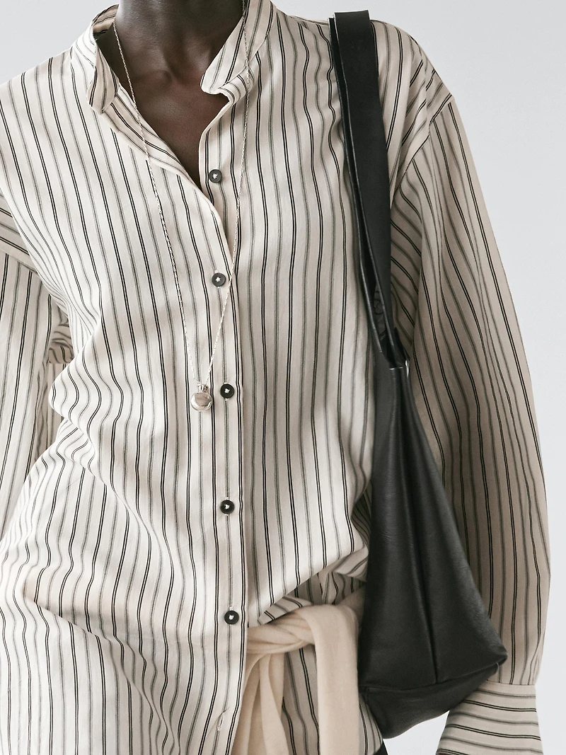 Striped flowing shirt with stand collar
