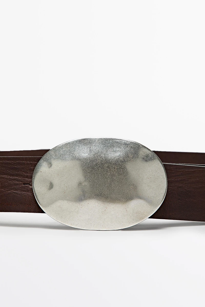 Nappa leather texture belt with oval buckle