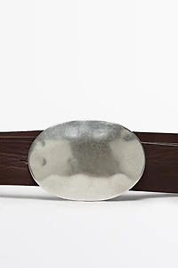 Nappa leather texture belt with oval buckle