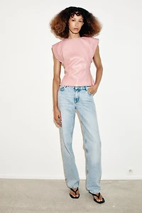 FAUX LEATHER SHOULDER PLEAT TOP