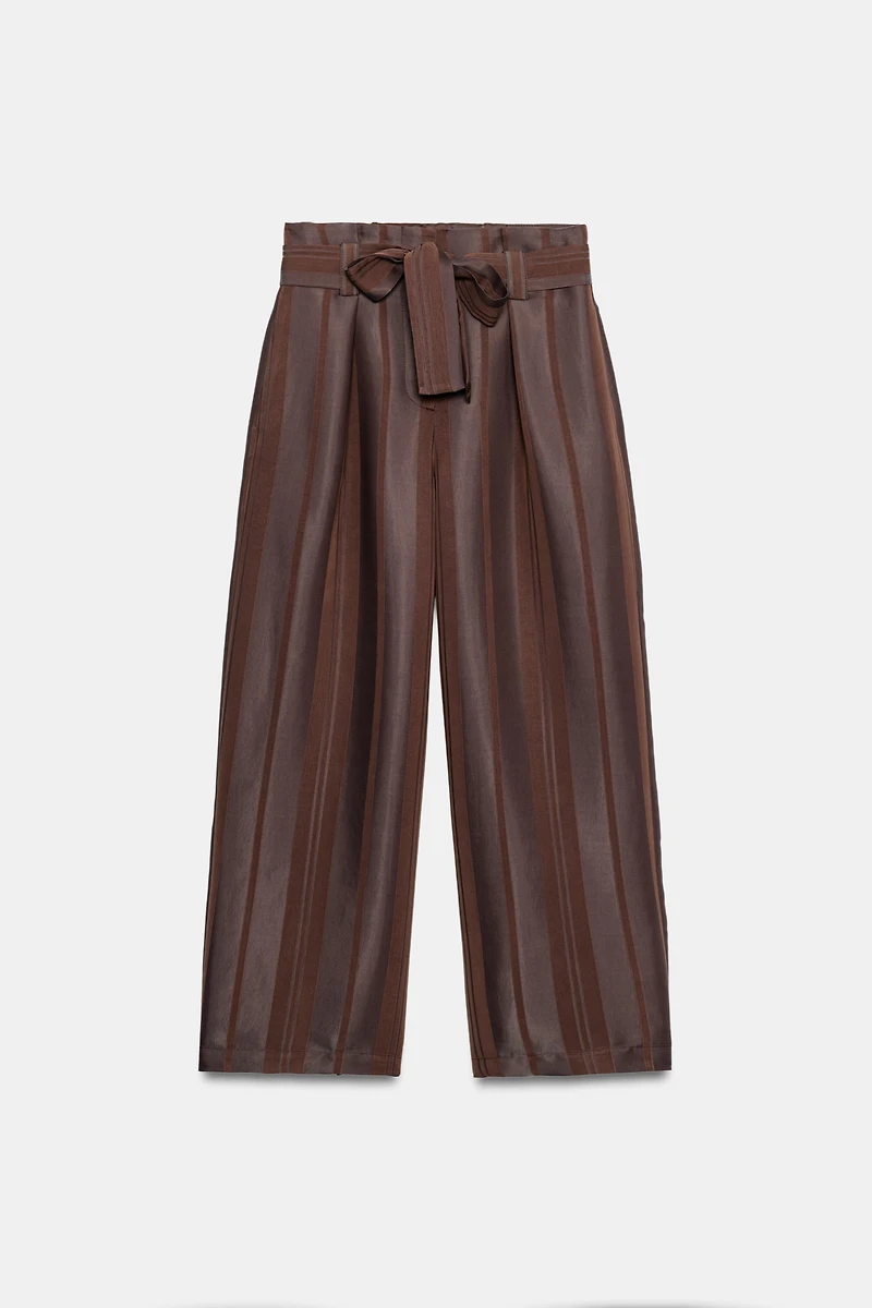 STRIPED BELTED PAPERBAG TROUSERS