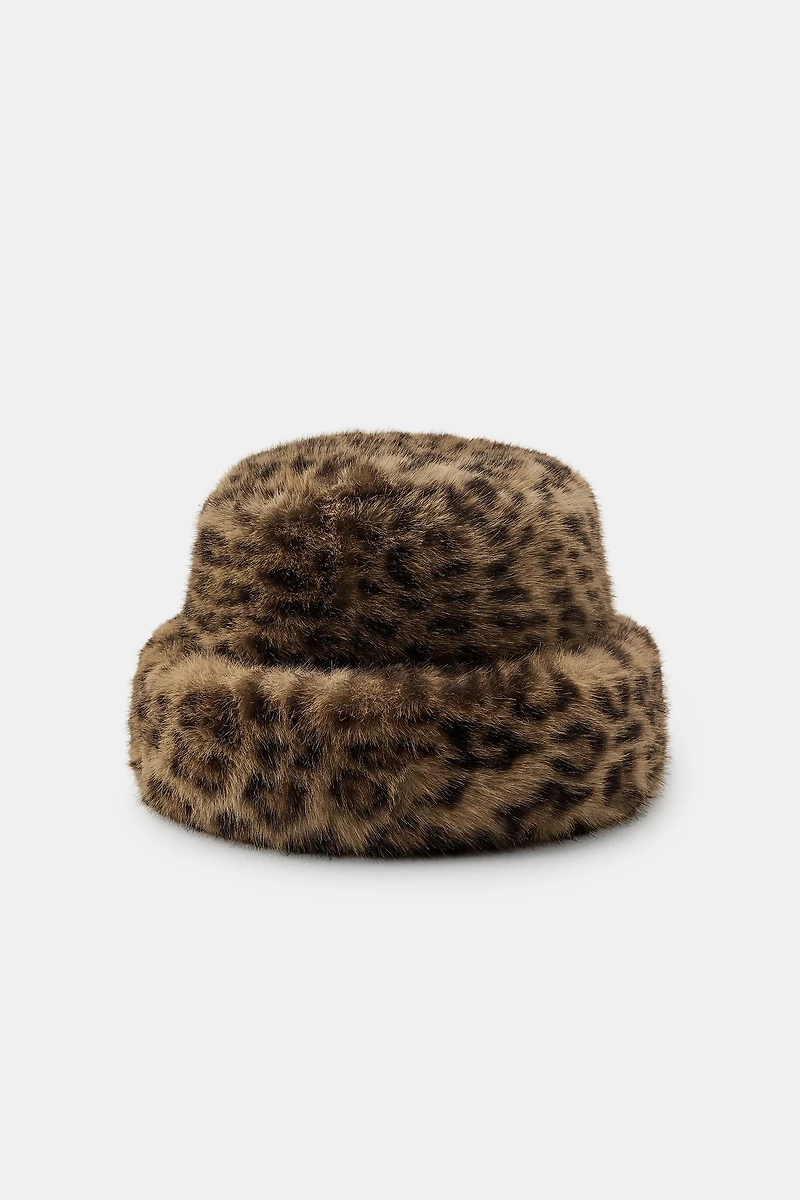 FAUX FUR ANIMAL PRINT HAT