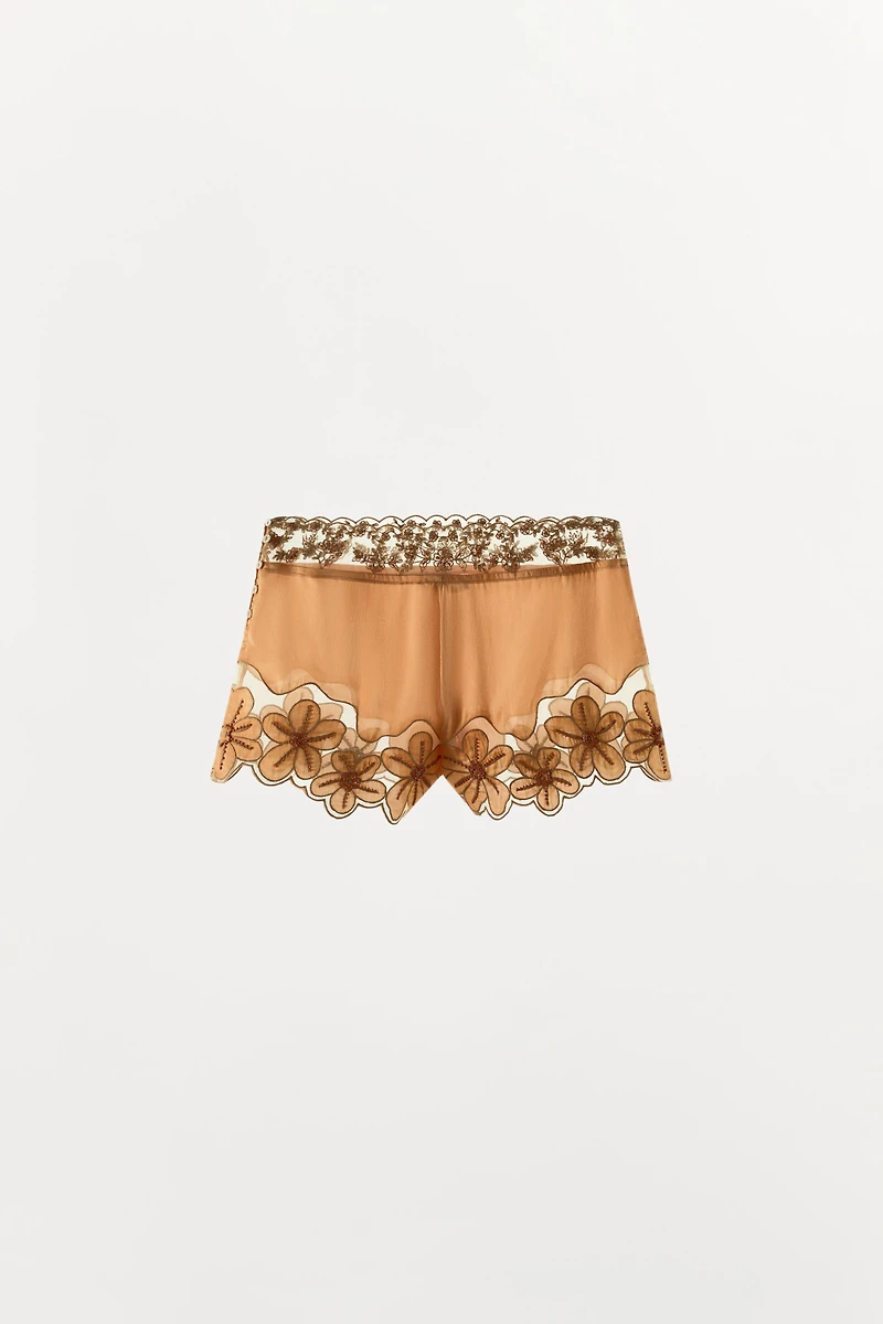 BEADED FLORAL EMBROIDERED SHORTS