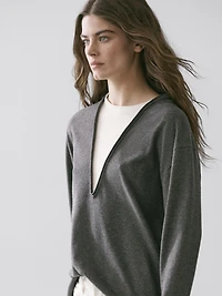 Cotton blend knit sweater with contrast fabric