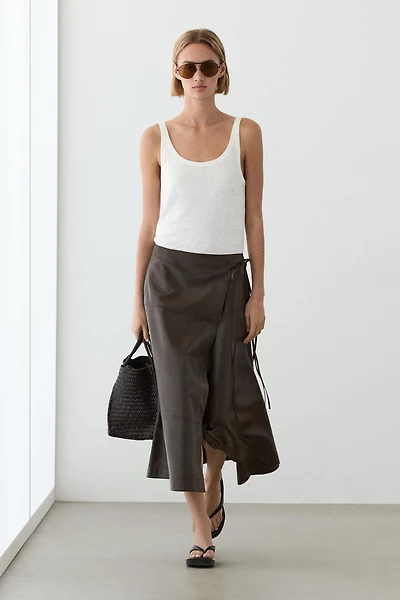 Nappa leather midi skirt with tie detail