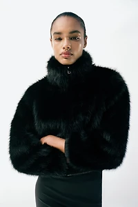 FAUX FUR HIGH COLLAR BOMBER JACKET