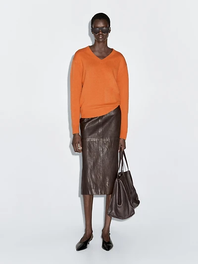 Straight nappa leather midi skirt with slit
