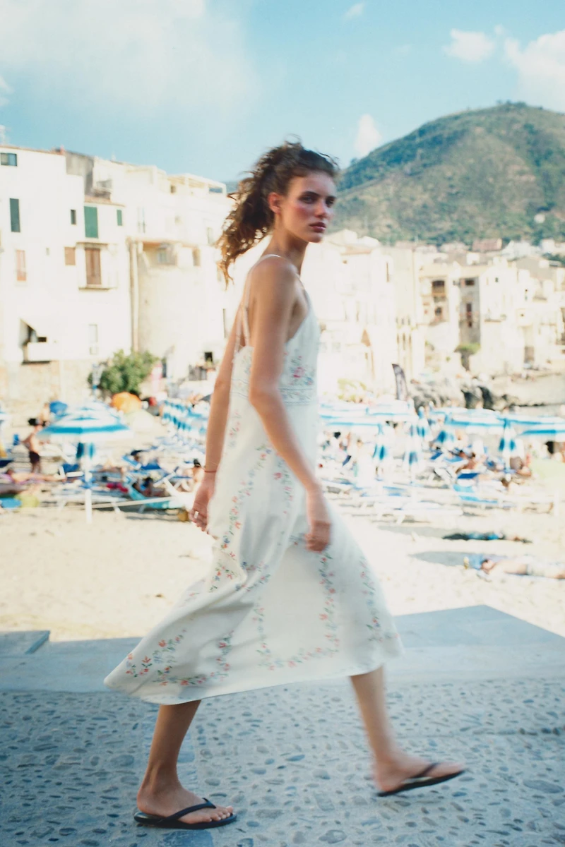 PRINTED LINEN MIDI DRESS
