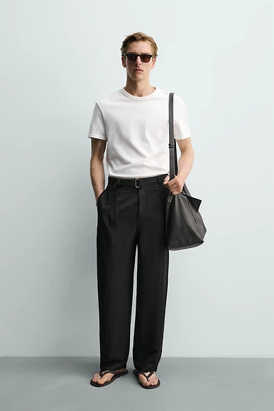 RELAXED FIT VISCOSE-LINEN BELTED PANTS