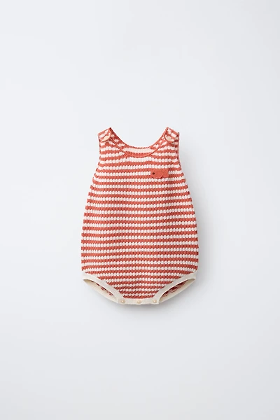 EMBROIDERED FISH STRIPED KNIT ROMPER