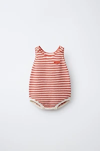 EMBROIDERED FISH STRIPED KNIT ROMPER