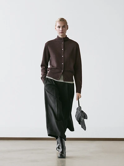 Wool high neck knit cardigan