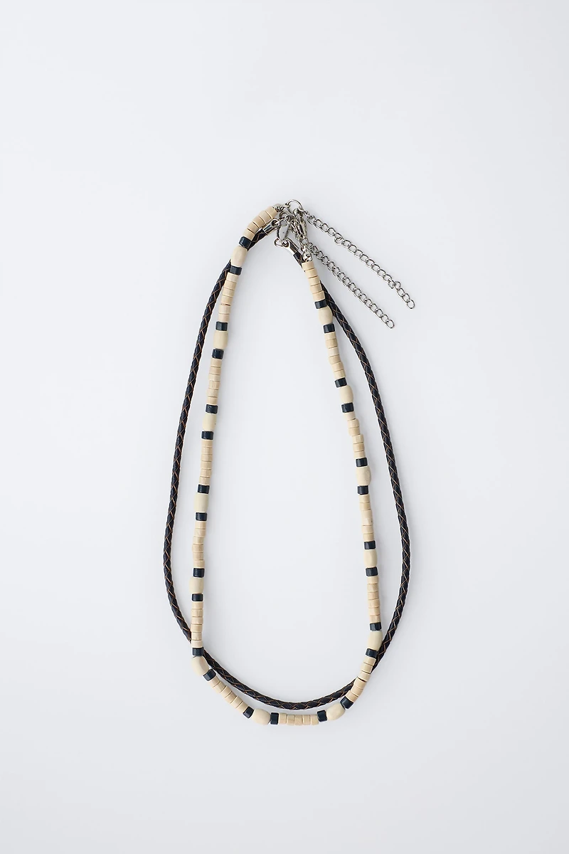 PACK OF TWO BRAIDED ROPE AND WOOD BEAD NECKLACES
