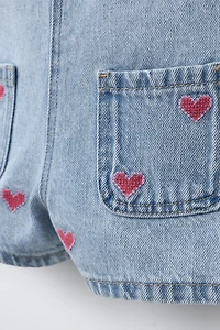 HEART EMBROIDERED DENIM OVERALLS