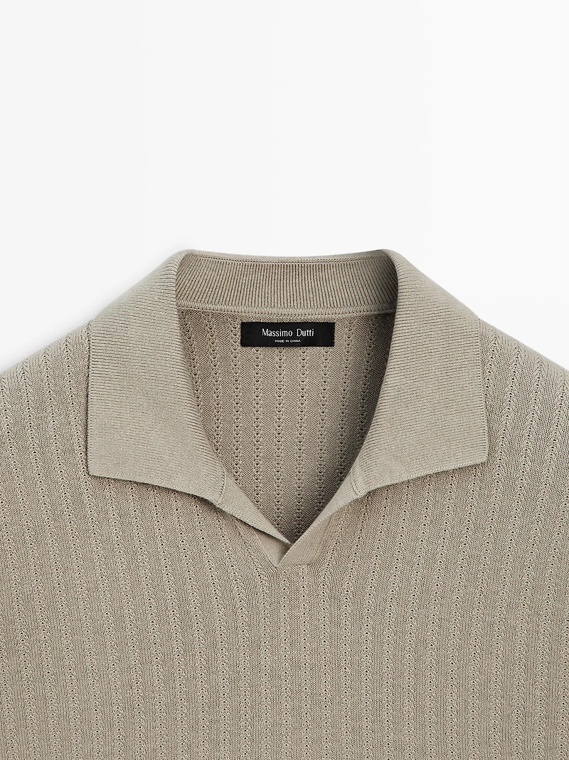 Cotton blend knit V-neck polo sweater