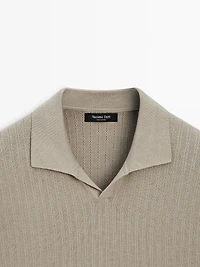 Cotton blend knit V-neck polo sweater