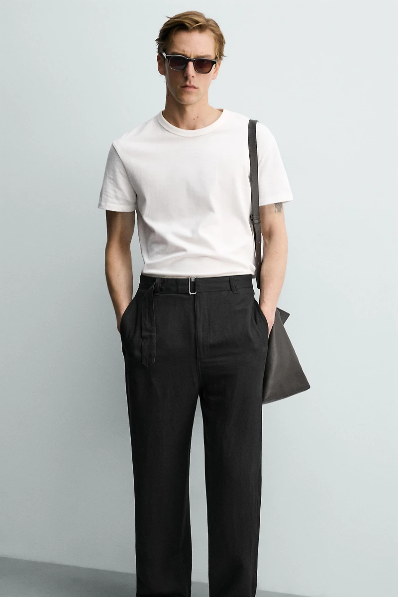 RELAXED FIT VISCOSE-LINEN BELTED PANTS