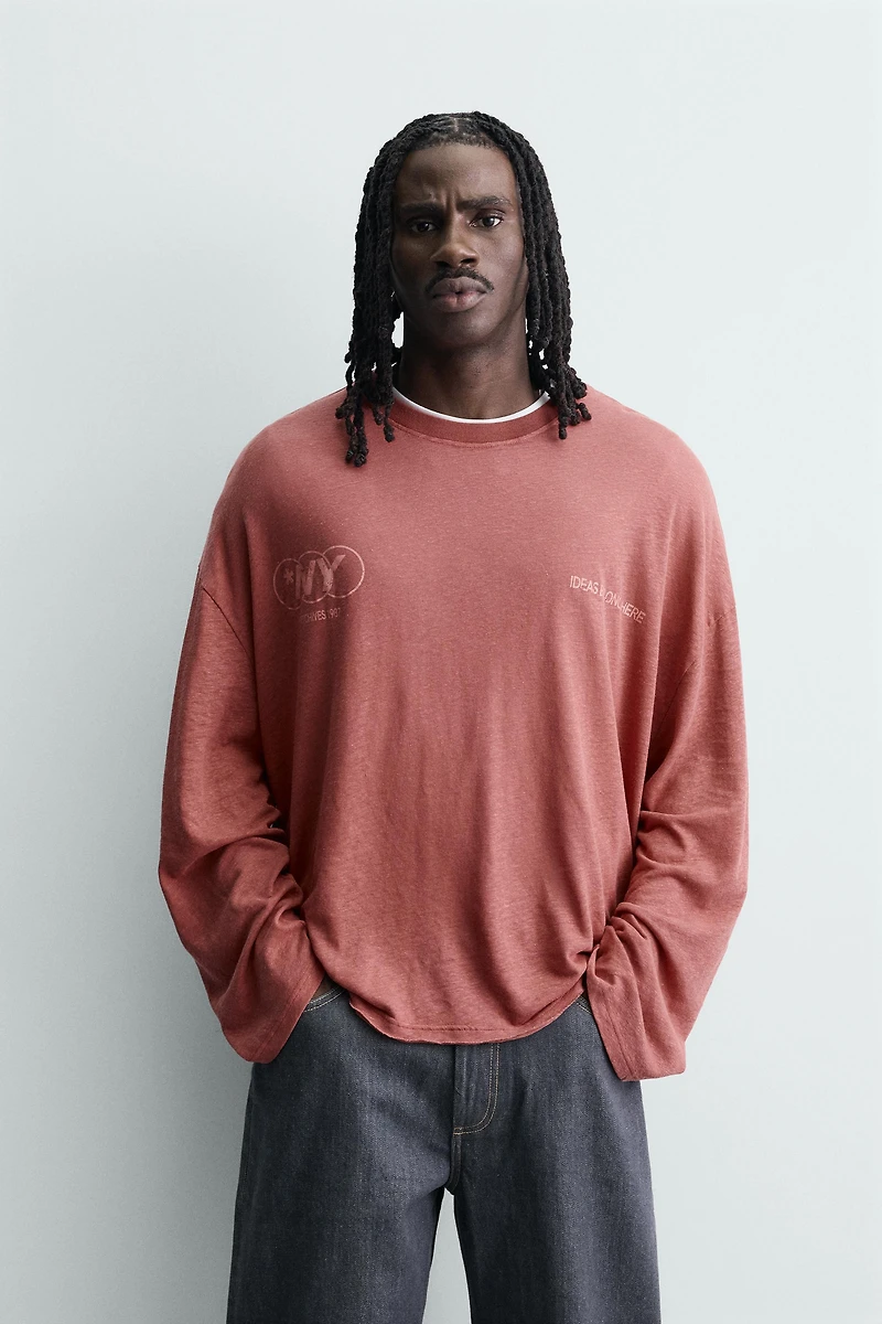 T-SHIRT RELAXED FIT EN COTON ET LIN À INSCRIPTIONS