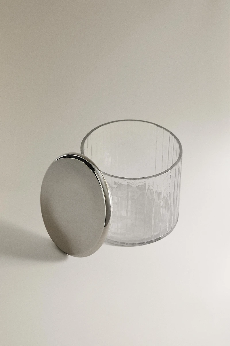 GLASS AND METAL BATHROOM JAR WITH RAISED DESIGN