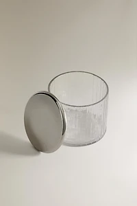 GLASS AND METAL BATHROOM JAR WITH RAISED DESIGN