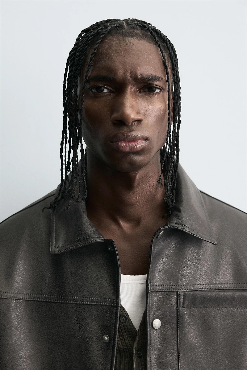 WASHED FAUX LEATHER OVERSHIRT