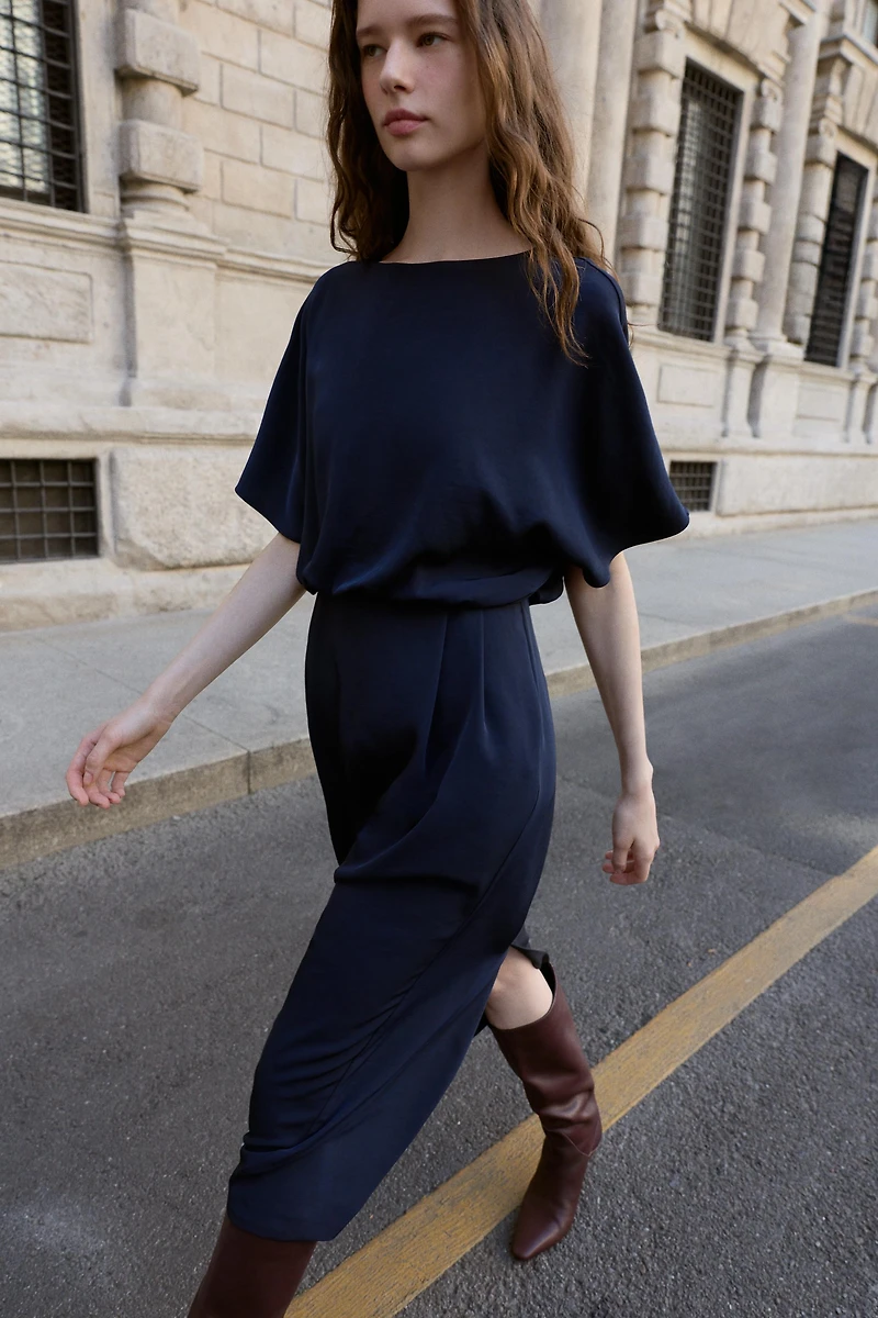 PIN TUCK DROP SLEEVE MIDI DRESS