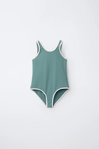 AGES 6-14/ CONTRASTING PIPING SWIMSUIT