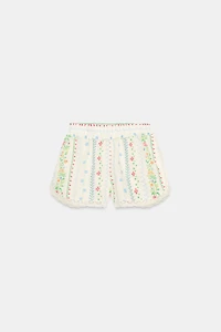 SHORT À IMPRIMÉ FLEURI ET DENTELLE EN LIN