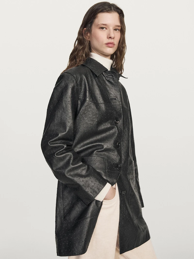Long textured nappa leather coat