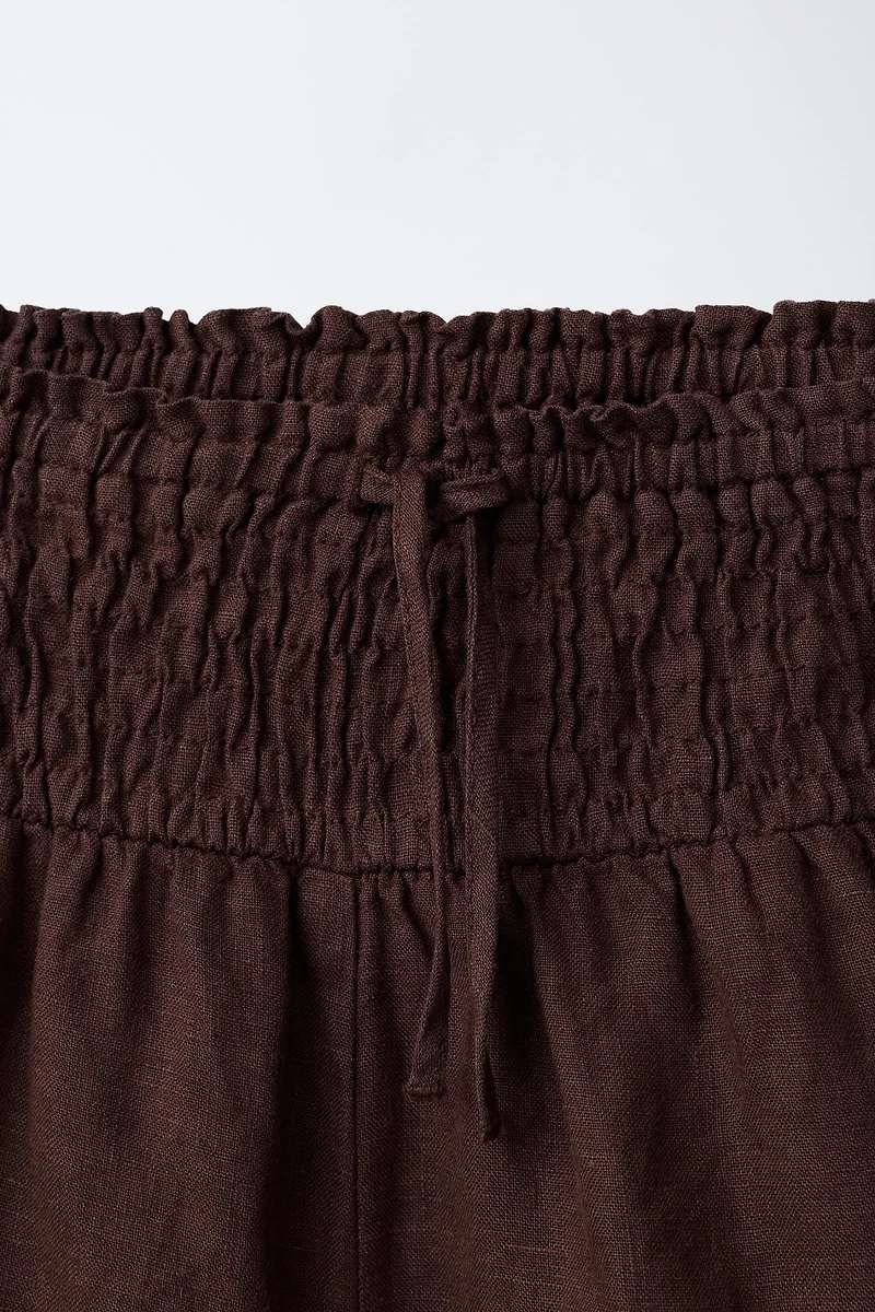 100% LINEN ELASTIC WAIST SHORTS WITH LACE TRIM