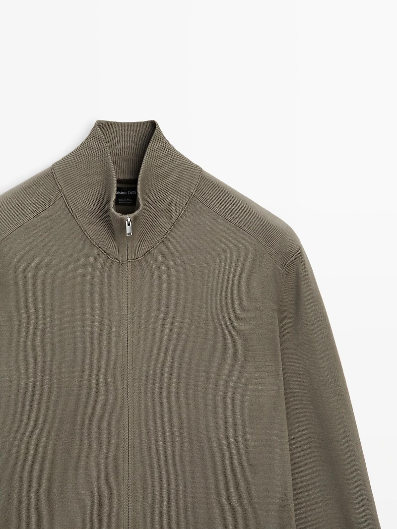 Cotton zip-up knit cardigan