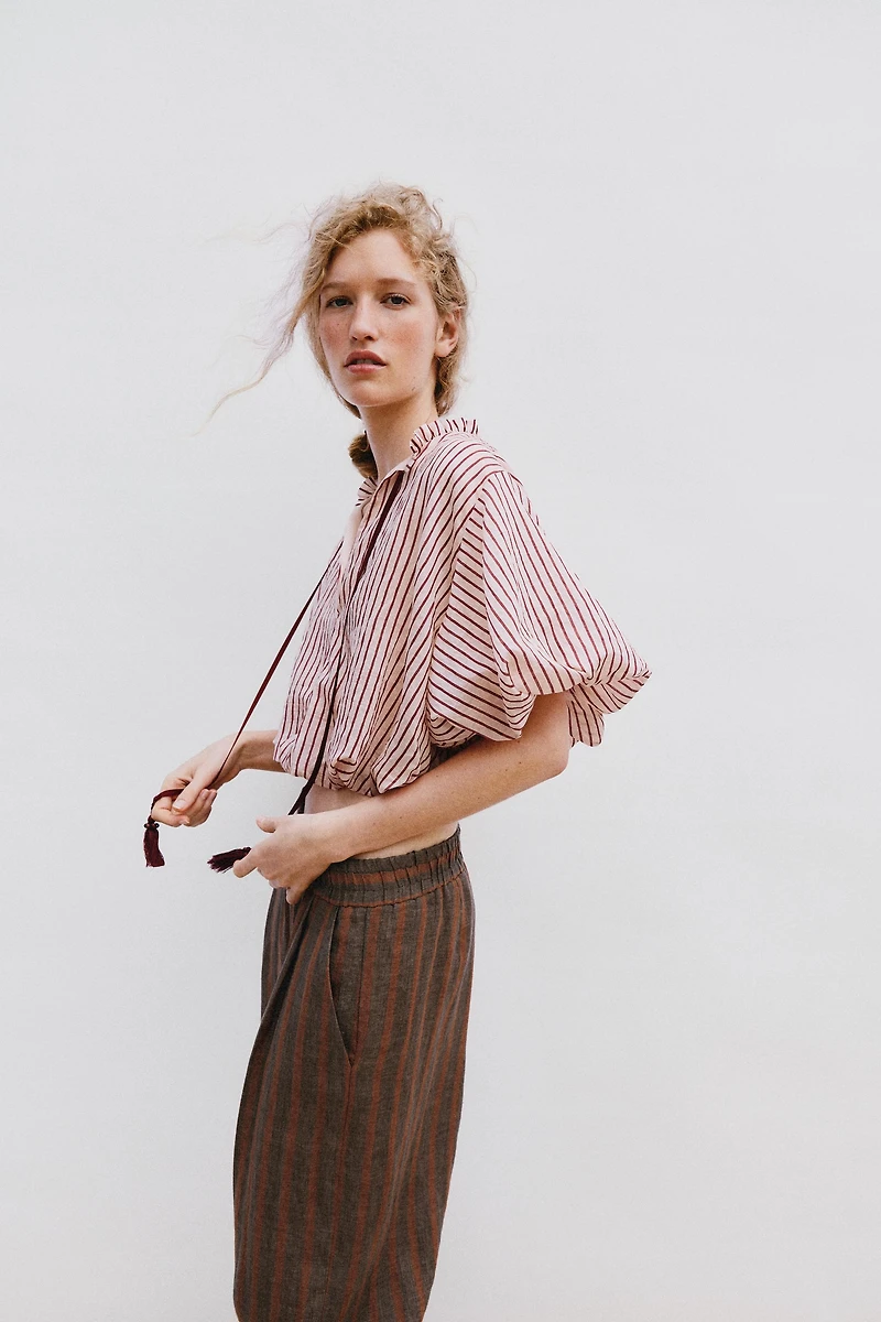TIED STRIPED PUFF-SLEEVE TOP