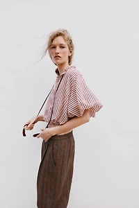 TIED STRIPED PUFF-SLEEVE TOP