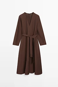 Flowing linen blend midi dress with belt