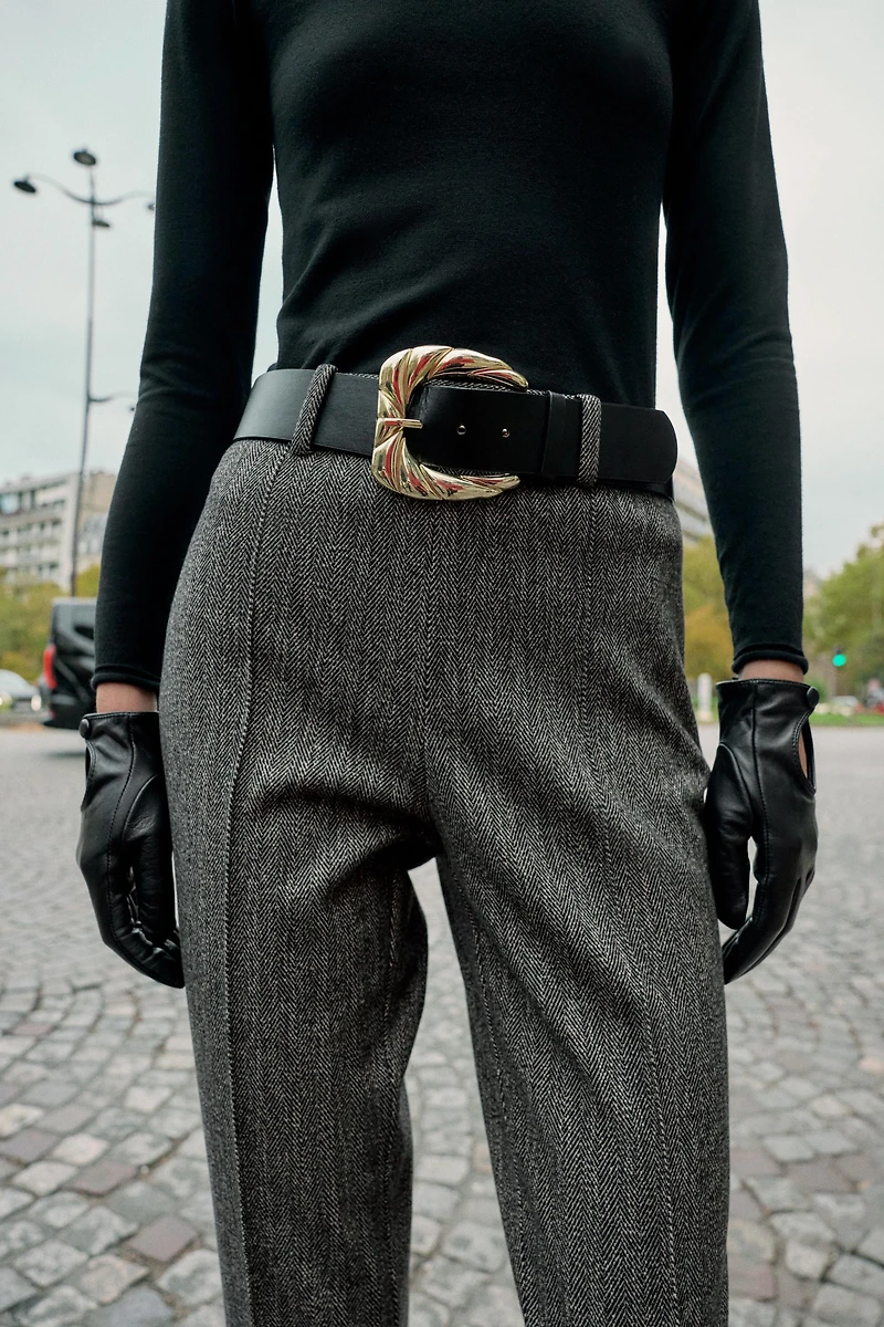 HERRINGBONE BELTED PANTS