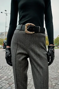 HERRINGBONE BELTED PANTS