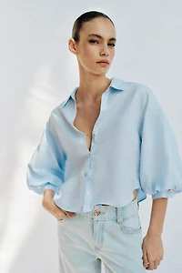 LINEN BLEND BALLOON SLEEVE SHIRT
