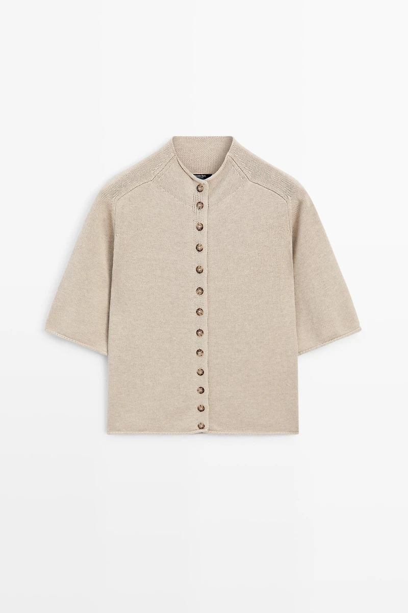Cotton funnel neck knit cardigan