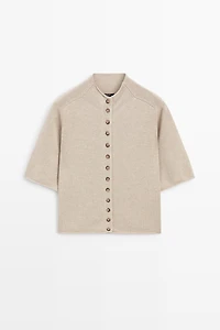 Cotton funnel neck knit cardigan