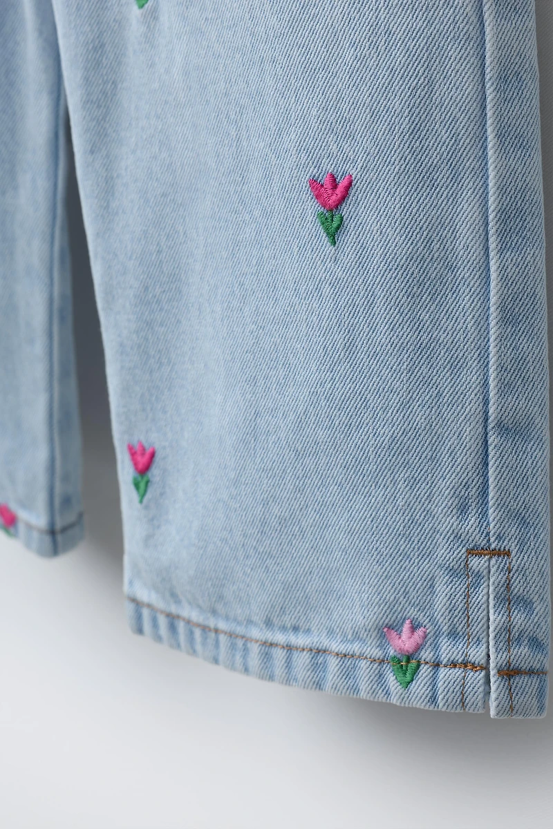 EMBROIDERED TULIP DENIM OVERALLS