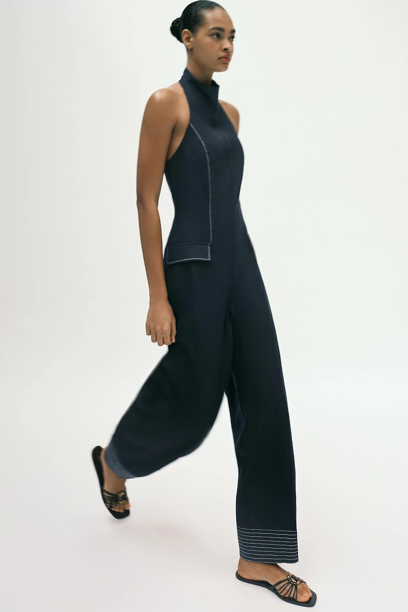LINEN HALTER JUMPSUIT WITH CONTRAST TOPSTITCHING