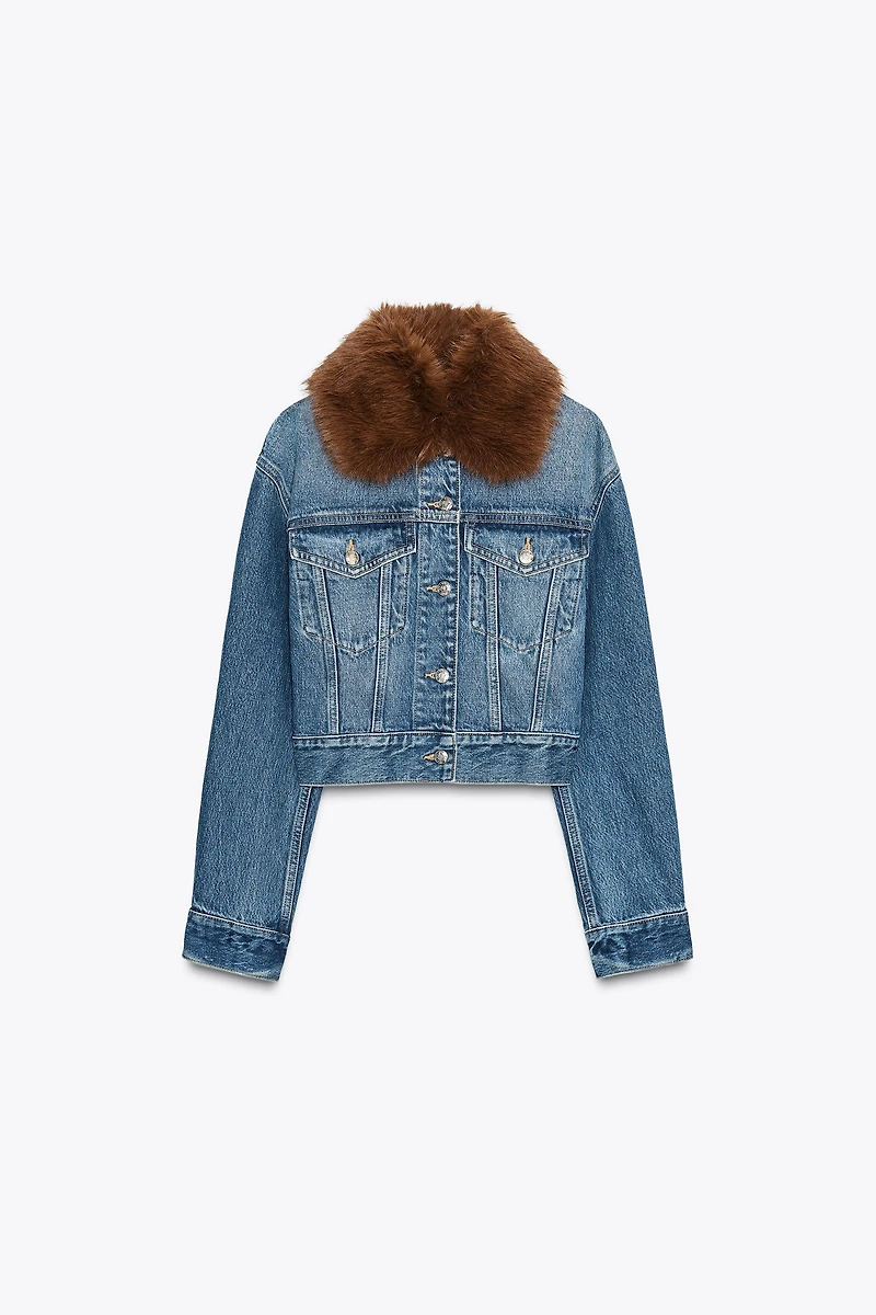 Z1975 FAUX FUR LAPEL CROPPED DENIM JACKET