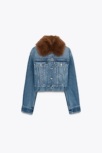 Z1975 FAUX FUR LAPEL CROPPED DENIM JACKET