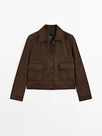 Veste courte boutons recouverts en cuir finition daim