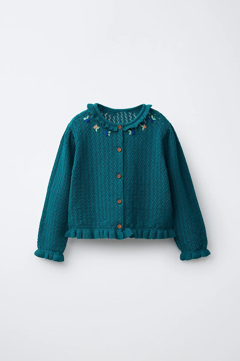 COTTON AND LINEN RUFFLE KNIT CARDIGAN